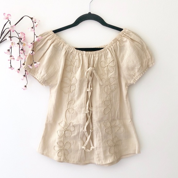 Tops - Beige Crinkled Knit/Linen Floral Designed Top